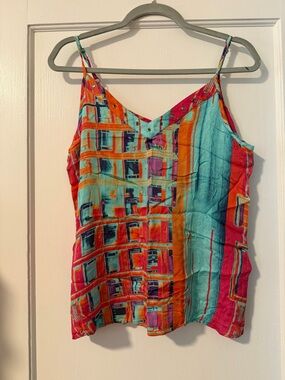 Abstract Multi-Color Spaghetti Strap Camisole - Turquoise & Coral